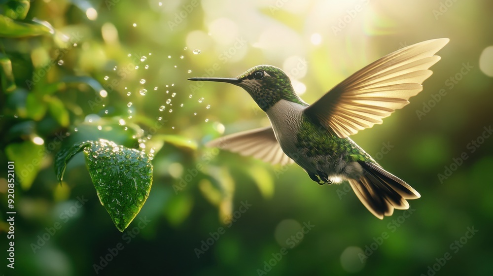 Fototapeta premium Hummingbird Hovering Near A Leaf In Sunlight, Capturing The Grace And Beauty Of Its Wings And Iridescent Feathers.
