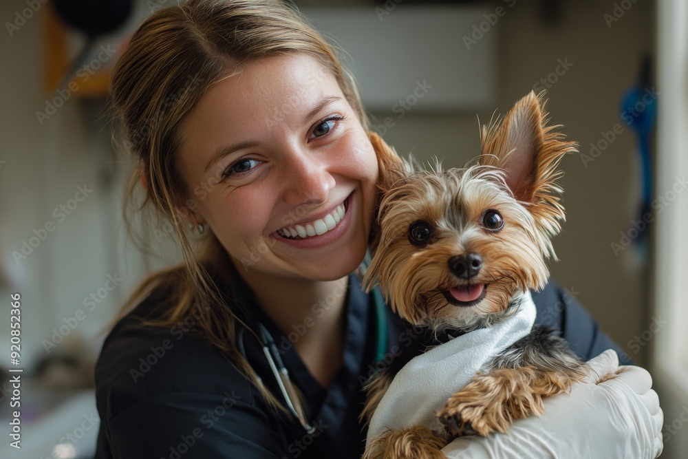 A compassionate veterinarian tends to a Yorkshire Terrier at the clinic, highlighting the strong bond between pets and their dedicated healthcare providers in a nurturing environment A compassionate veterinarian tends to a Yorkshire Terrier at the clinic, highlighting the strong bond between pets and their dedicated healthcare providers in a nurturing environment