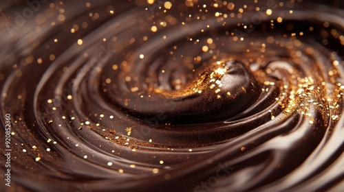 Swirling Dark Chocolate With Golden Glitter Creates A Mesmerizing And Luxurious Visual Delight.
