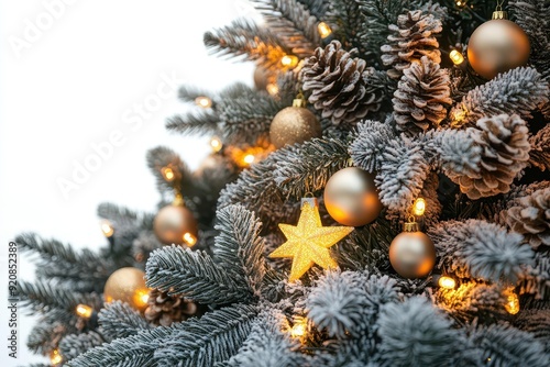 festive pine tree adorned with twinkling lights and ornaments isolated against pure white casting a soft glow startopped branches heavy with baubles photo