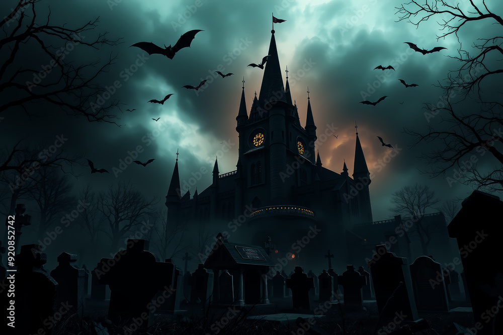 Spooky Halloween scene of a vampire castle amid a chilling cemetery. Dark, foggy atmosphere with eerie tombstones, bats flying, and a sense of dread.