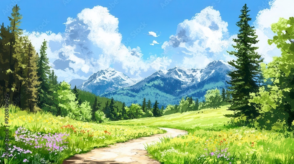 Fototapeta premium A landscape drawing of a mountain range with a road leading to it