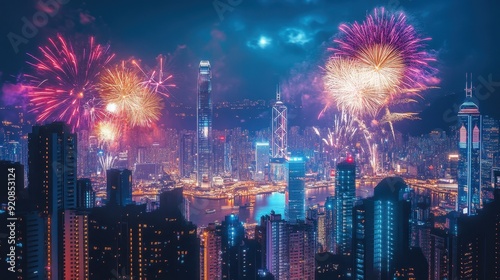 Hong Kong Skyline with Fireworks at Night.