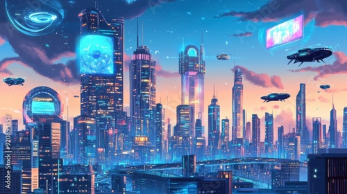 Tech-Advanced City Skyline With Flying Vehicles, Digital Screens, And An Ethereal Dusk Sky Background. photo