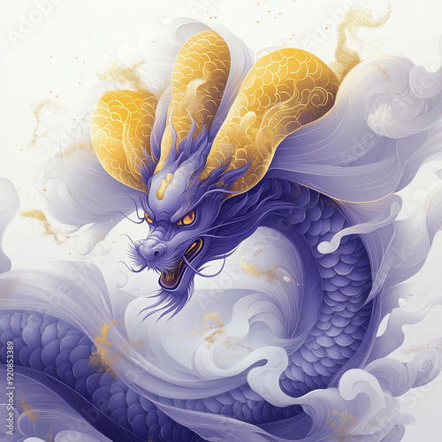 A purple golden dragon gracefully walks, surrounded by flowing designs and golden circular elements photo