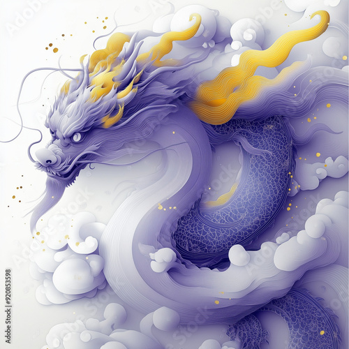 A purple golden dragon gracefully walks, surrounded by flowing designs and golden circular elements photo