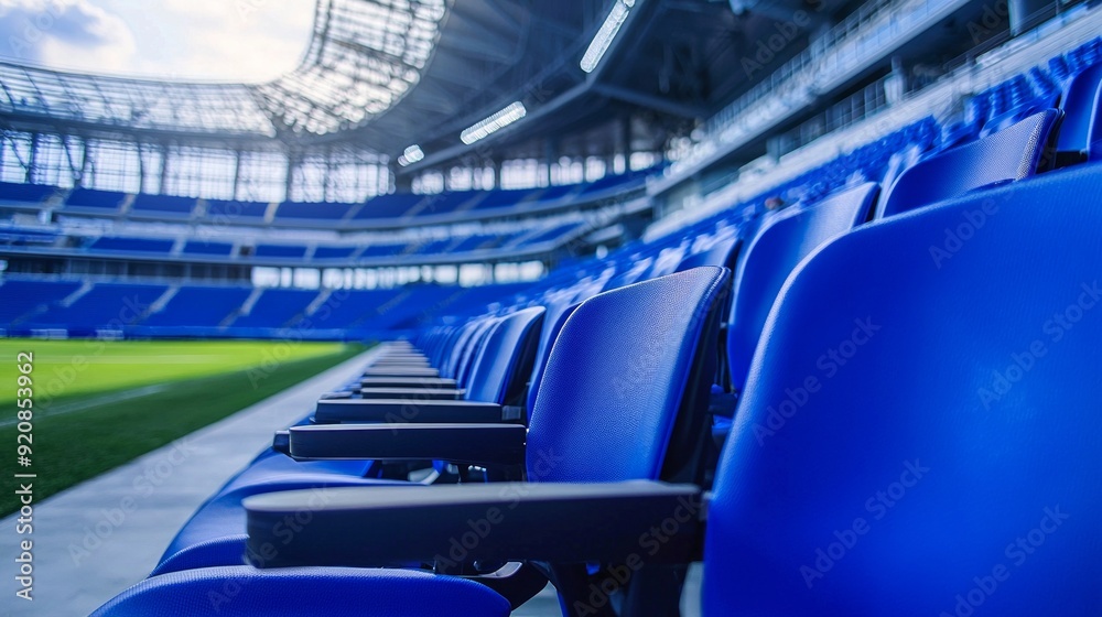 Fototapeta premium Blue seats on the grandstand of the football stadium.