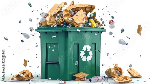 Some trash falls into a common green recycling bin, white background. photo