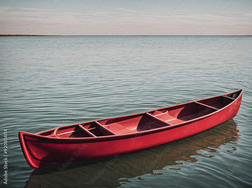 A red canoe sits in the water, with the ocean in the background A red canoe sits in the water, with the ocean in the background