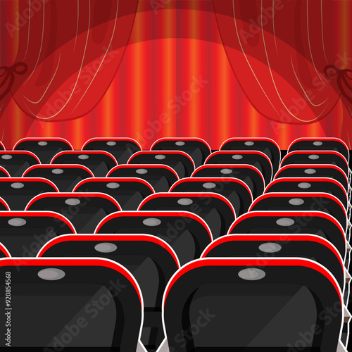 Empty theater room with an illuminated stage draped in red curtains and armchairs. Vector illustration