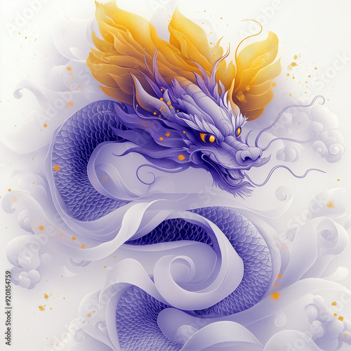 A purple golden dragon gracefully walks, surrounded by flowing designs and golden circular elements photo