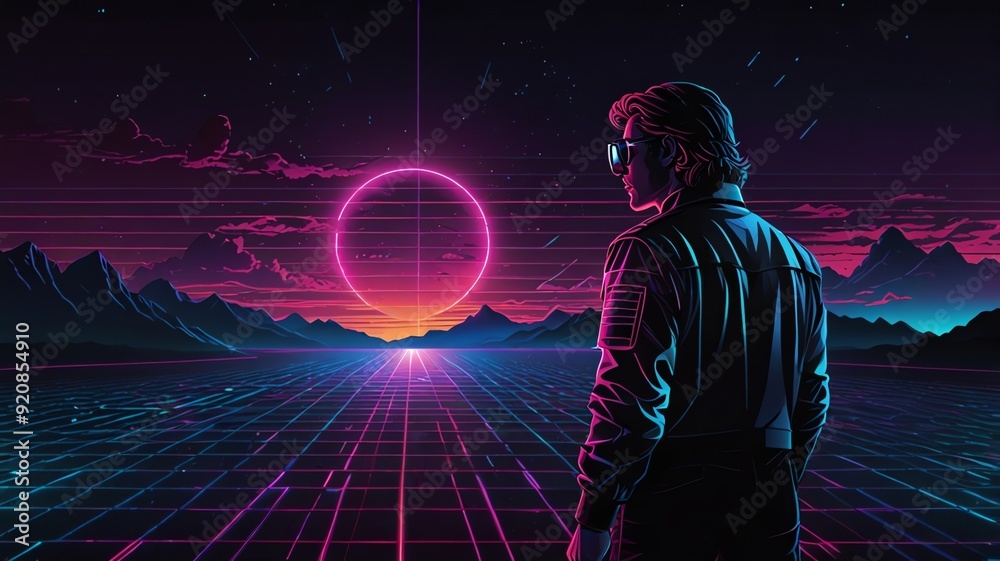 Obraz premium A futuristic city at night with glowing pink and blue lights.