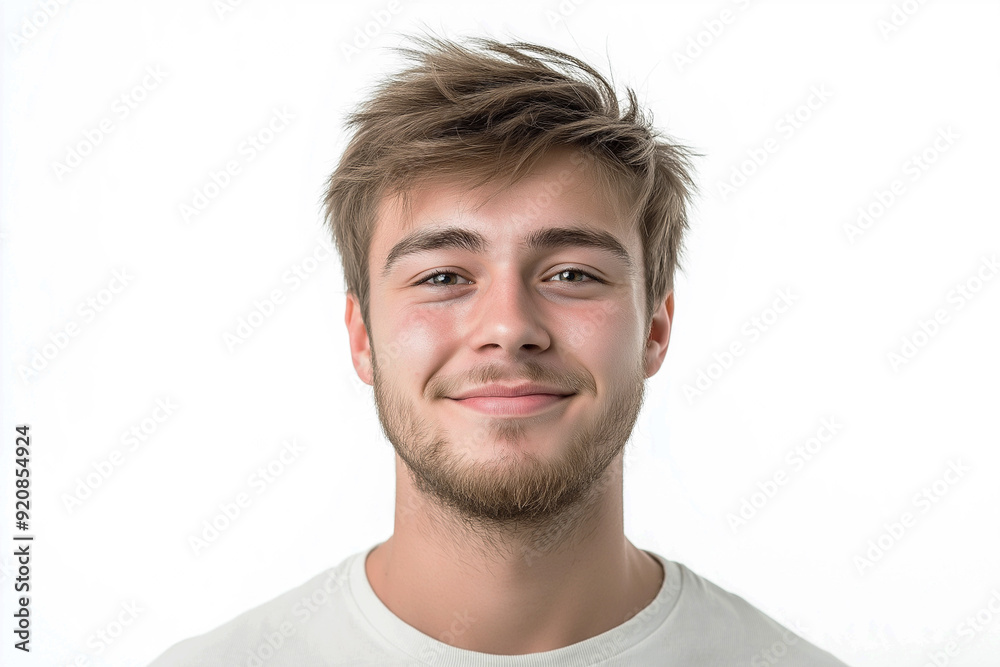 A young man of European appearance, in a state of joy, emotions, on a white background, medium plan A young man of European appearance, in a state of joy, emotions, on a white background, medium plan