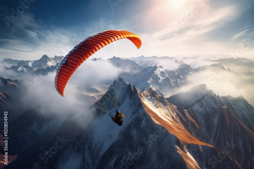 paraglider flies over the mountains, beautiful light
