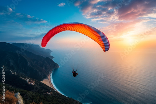 paraglider flies over the seashore, beautiful light