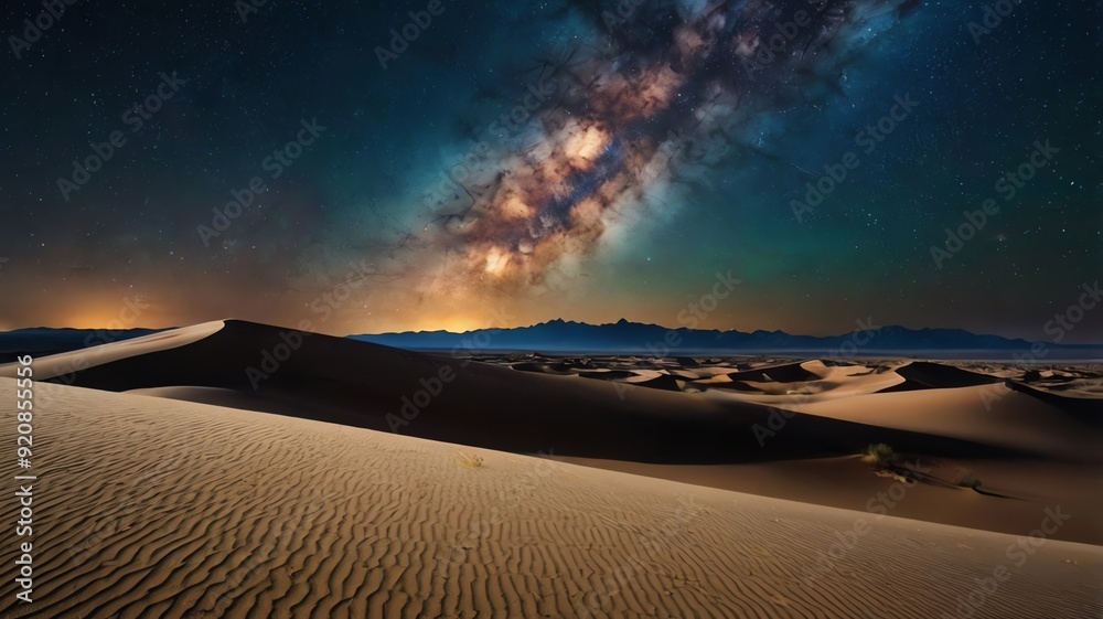 Naklejka premium A desert landscape with sand dunes under a night sky with the Milky Way