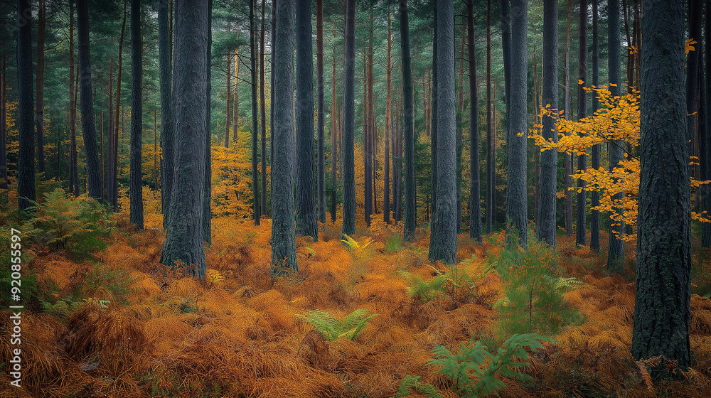 Fototapeta premium Golden Autumn Forest with Tall Pine Trees and Fern Undergrowth.