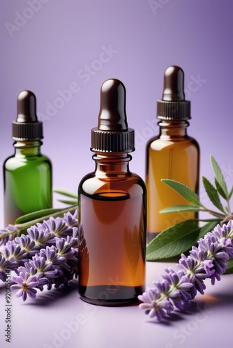 Peppermint oil bottles and lavender, vertical composition