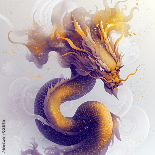 A purple wolf gracefully walks, surrounded by flowing designs and golden circular elements photo