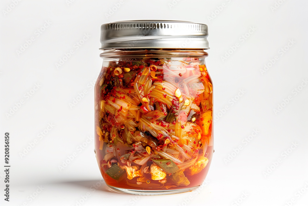 kimchi in jar on white background