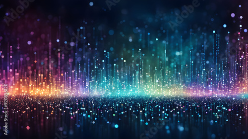 Vibrant visualization of sound waves, featuring a gradient of colors and luminous particle effects in a dark background.