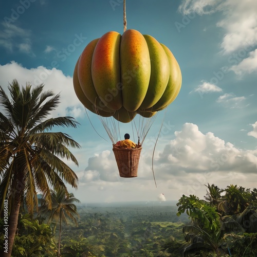 A large, yellow hot air balloon with flowers, hanging in the air surrounded by palm trees. photo