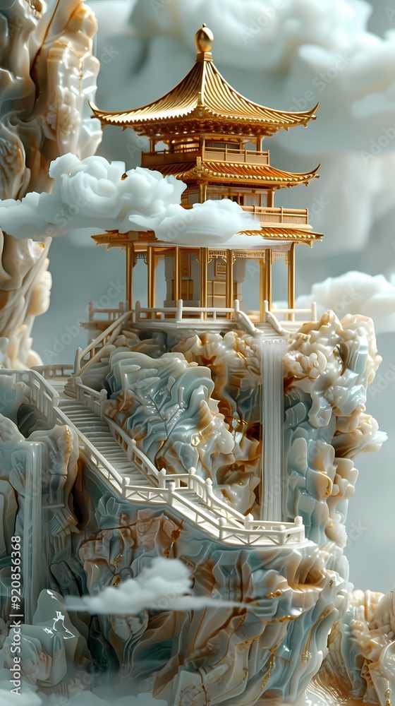 Obraz premium Jade carving landscape ancient building abstract illustration poster background