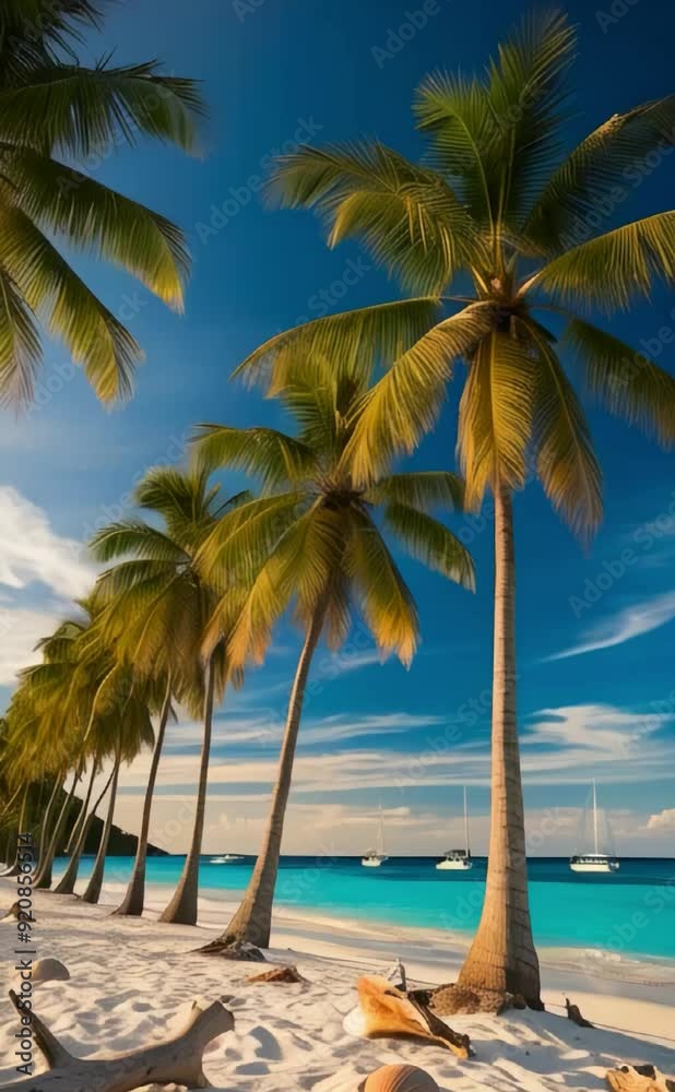 a stunning tropical beach at golden hour, with a row of slender coconut trees swaying gently in the breeze, their feathery leaves rustling softly against a vivid blue sky with a few wispy clouds a stunning tropical beach at golden hour, with a row of slender coconut trees swaying gently in the breeze, their feathery leaves rustling softly against a vivid blue sky with a few wispy clouds