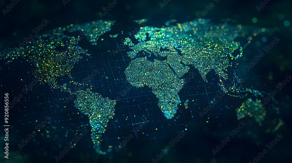 Naklejka premium Glowing Digital World Map with Interconnected Dots and Pixels