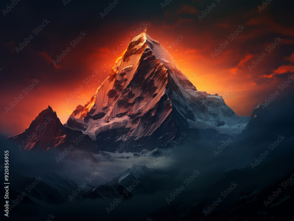 Especial Beautiful shot of a snowy mountain surrounded by natural mist with amazing starry sky