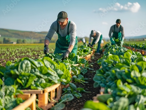 Farmers harvesting fresh spinach in a vast green field during a sunny day
