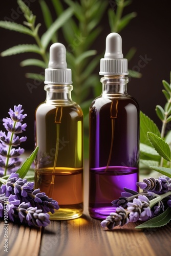 Peppermint oil bottles and lavender, vertical composition