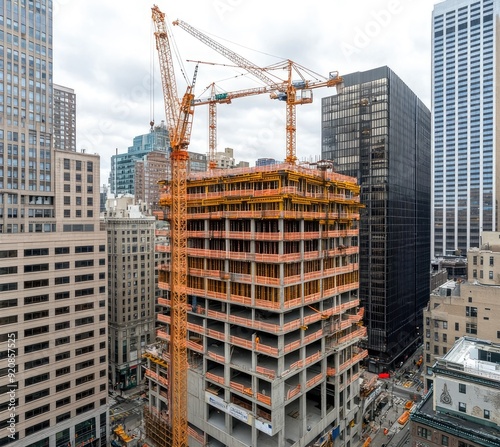 Busy construction site in an urban area with cranes, heavy machinery, and residential structures taking shape amidst tall buildings