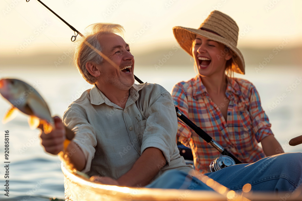 Fototapeta premium Man and woman fishing from a boat, laughing as one of them reels in a big fish.