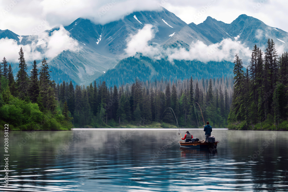 Fishing boat on a lake, two anglers focused on their rods, with a backdrop of mountains and forest.
