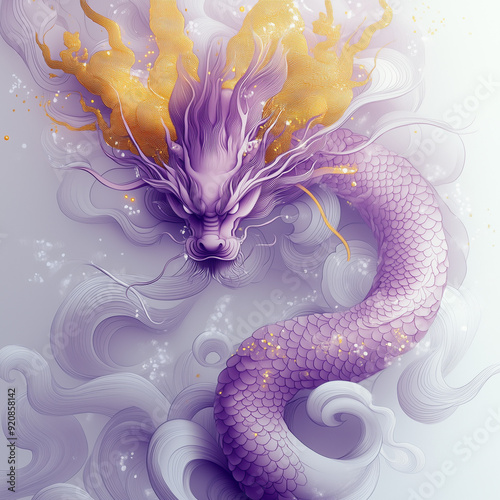 A purple golden dragon gracefully walks, surrounded by flowing designs and golden circular elements