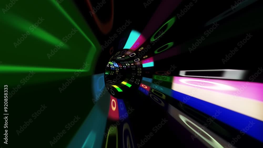 Abstract colorful neon psychedelic futuristic pattern hitech grid digital tunnel background. Round blurred science hi-tech VJ loop abstraction. Beautiful art effect, optical illusion. 