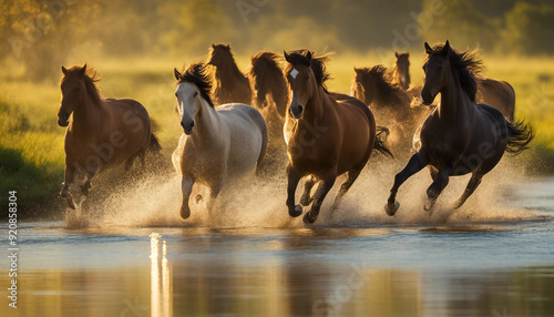 Herd of wild horses running freely by the river at sunset.