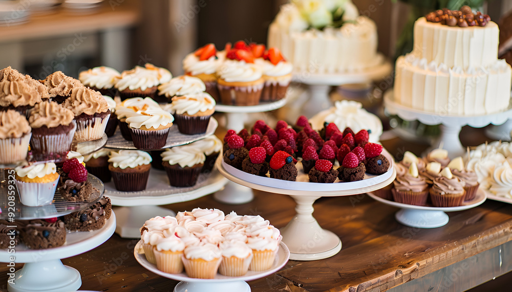 delightful assortment of desserts, including cakes, cupcakes, and pastries, beautifully arranged on a wooden table