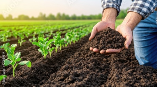 A male farmer showcases healthy soil from his field during sunset, emphasizing the importance of organic farming for sustainable food production