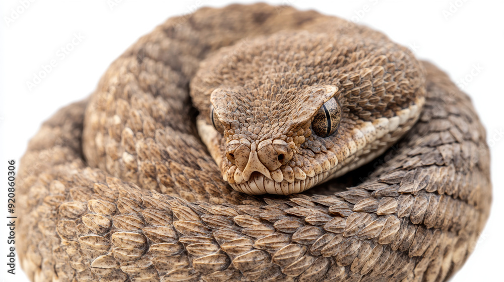 Fototapeta premium A close-up of a venomous rattlesnake, super detailed scales, eyes reflect the danger of a cold-blooded individual.