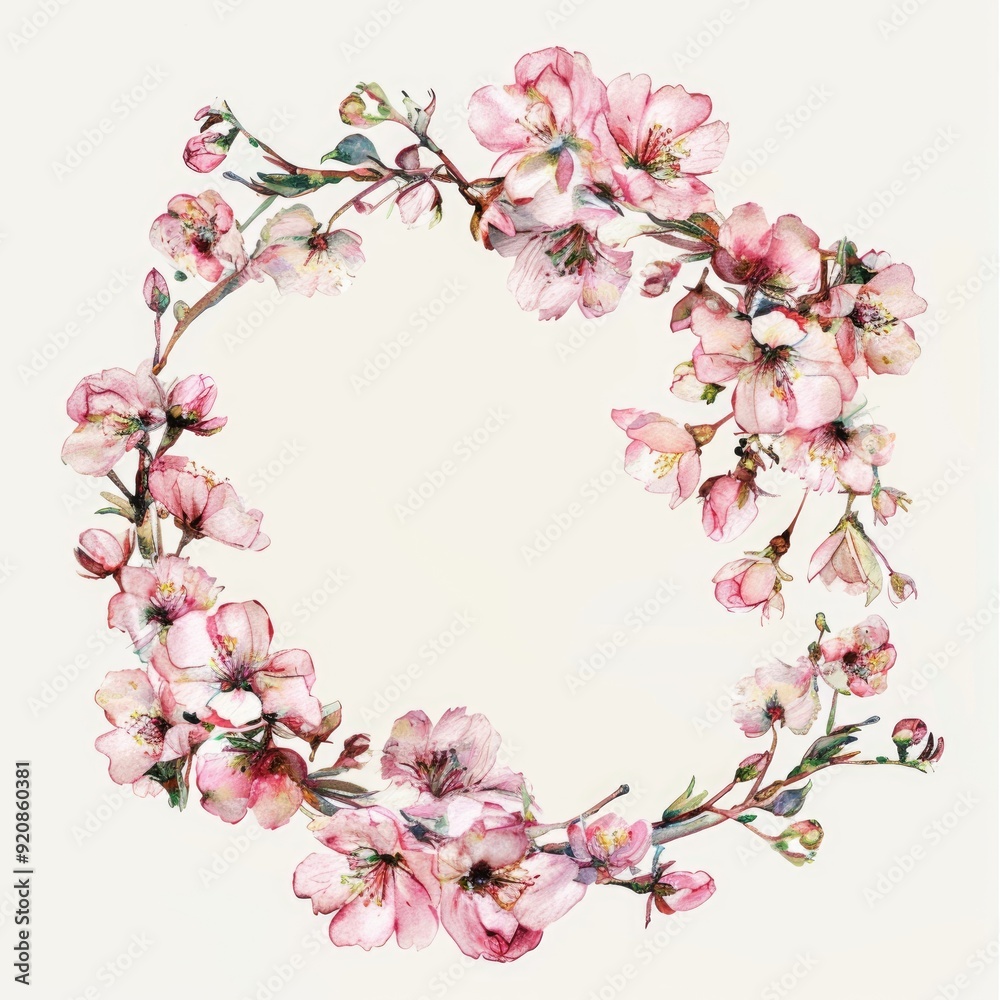 Fototapeta premium Watercolor Blossom: Delicate Pink Floral Wreath for Wedding Invitation