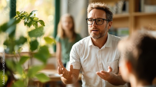 A teacher with glasses explaining a plant to students in a classroom, emphasizing the educational impact of hands-on learning and student-teacher interaction. photo