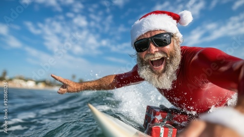 Santa Claus in a red outfit is surfing through the ocean, carefully balancing on his surfboard while carrying multiple gifts, epitomizing festive cheer and surfing skill. photo