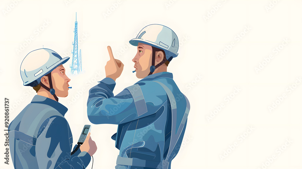 Two male engineers wearing blue uniforms and white helmets stand next to each other,. Two male engineers wearing blue uniforms and white helmets stand next to each other,.