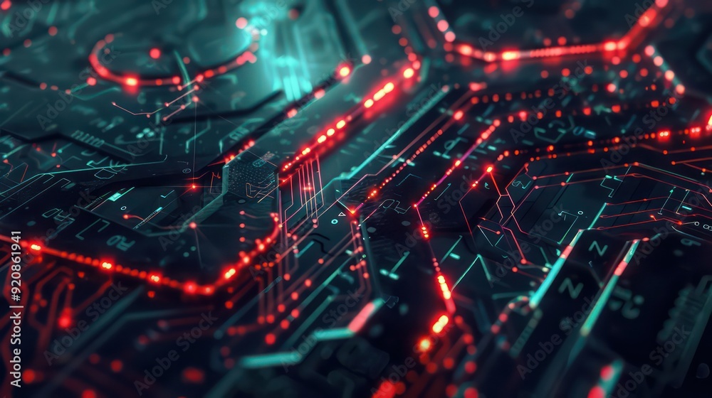 Abstract Digital Circuitry with Glowing Red and Teal Lines Abstract Digital Circuitry with Glowing Red and Teal Lines