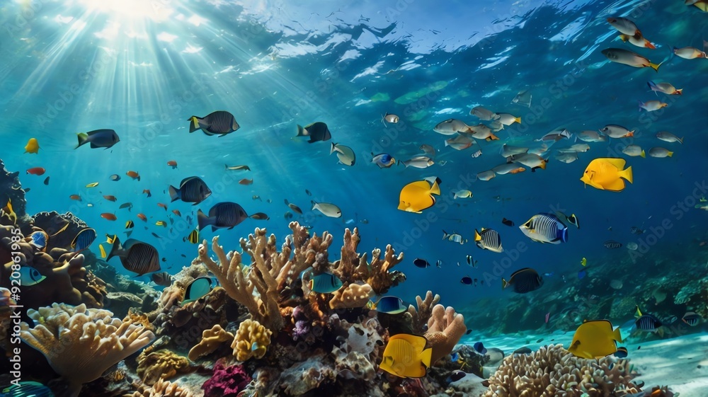 Obraz premium A coral reef with colorful fish swimming in the ocean.