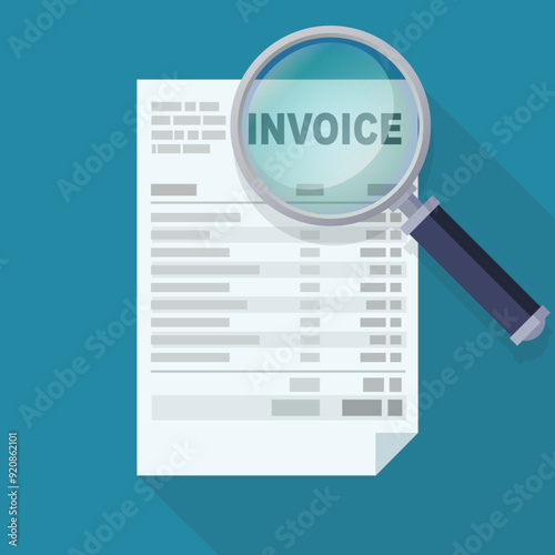Invoice under magnifying glass on a blue background with shadow (flat design)