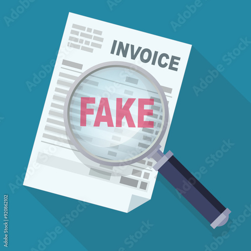 Detection of a Fake invoice on a blue background with long shadow (flat design)