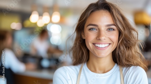A young woman with straight hair is smiling brightly, inside a casually elegant coffee shop. The atmosphere is warm, creating a lively and inviting environment and showcasing her happiness.